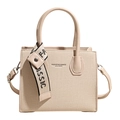 Bolso bandolera minimalista de lona beige con bordes de cuero y cinta decorativa - Blanco Roto