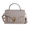 Grey litchi grain leather crossbody bag with gold oval lock and vertical quilted lines - Gray