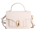 White lychee texture handbag with vertical quilting and a gold oval turn-lock closure - White