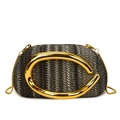 Dark grey woven round box clutch featuring a bold gold C buckle and chain strap - Black