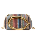 Colorful woven straw round bag with a C-shaped gold metal handle and chain strap - Colorful