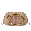Retro beige straw woven box bag with golden C-handle and metallic chain strap - Brown