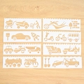 Set of 8 white plastic drawing templates with diverse vehicle patterns and lace edges - Car Pattern