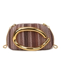 Brown gradient straw woven evening bag with gold circular metal handle and chain strap - Brown