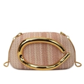 Pink straw round box bag with vintage gold metal handle and chain shoulder strap - Khaki