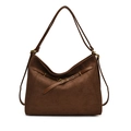 Deep brown suede Hobo tote bag with contrast leather straps and gold metal eyelets - Brown