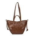 Grand sac cabas marron en cuir huilé vintage avec cordons latéraux et doubles poignées - Marron
