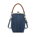 Retro Denim Umhängetasche mit Metallverschluss und braunem Ledergriff für Damen - Dunkelblau