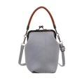 Hellblaue Denim-Muscheltasche mit Vintage-Metallverschluss und braunem Ledergriff - Grau