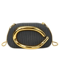 Dark gray woven box clutch bag with elegant gold C-shaped metal handle and chain strap - Black
