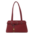 Minimalist dark red leather underarm bag with silver buckle and gold key pendant - Red