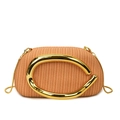 Orange woven round clutch bag with large gold metal ring handle and chain strap - Orange