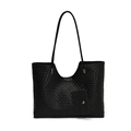 Grand sac cabas noir à texture tressée avec pochette assortie et fines bandoulières - Noir