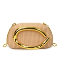 Straw woven box clutch with gold C-handle and fine chain strap in beige - Khaki