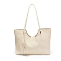Sac fourre-tout tissé blanc cassé avec pochette assortie et bandoulière incurvée - Blanc