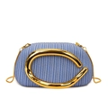 Blue and white woven round box bag with elegant gold metal handle and chain strap - Blue