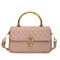 Quilted crossbody box bag in dusty pink with vintage gold bamboo handle for women - Khaki