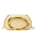 Schicke beige gewebte runde Abendtasche mit goldenem C-Griff und filigraner Kettenschulter - Weiß