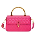 Chic fuchsia quilted leather handbag with gold bamboo handle and crossbody strap - Rose Pink