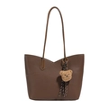 Large capacity coffee leather tote bag with V-pocket design and plush bear charm - With Pendant / Brown