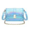 Iridescent light blue crossbody bag with crocodile texture and gold metal buckle - Blue