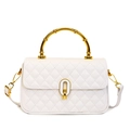 White quilted handbag with golden bamboo handle and classic diamond pattern finish - White