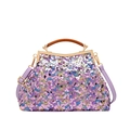 Sparkly purple sequin shell bag with wooden handle and gold frame for women - Purple