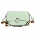 Green chain baguette bag with silver buckle and silk scarf strap on white background - Green