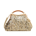 Elegant gold sequin evening clutch bag with resin handle and detachable chain strap - Gold