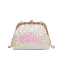 Sparkling sequin evening shell bag with rhinestone floral trim and gold chain strap - White