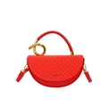 Red saddle handbag with woven leather texture flap and elegant gold hardware ring - Red