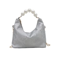 Silver reptile textured handbag with large faux pearl handle and gold chain strap - Silver