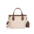 Sac seau monogramme beige et marron avec poignées en cuir et breloque florale - MT Beige