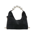 Black snake pattern hobo bag with elegant pearl handle and gold chain strap - Black