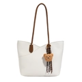 Minimalist white faux leather tote bag with lychee texture and brown straps - With Pendant / Off White