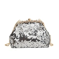 Elegant silver sequin evening bag with gold floral frame and a delicate chain strap - Silver