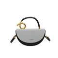 Semicircle saddle bag with grey woven texture and black leather finish with golden handle detail - Black