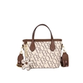 Sac seau beige avec bordure en cuir marron et breloque fleur sur bandoulière - BO Beige