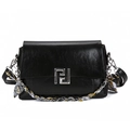 Black leather shoulder bag with silver FF metal buckle and silk scarf chain strap - Black