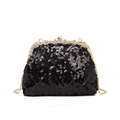 Black sequined evening clutch bag with crystal floral clasp and golden chain strap - Black