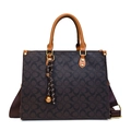 Deep brown tote bag with repeating C pattern, brown handles and wide shoulder strap - Brown (With Pendant)