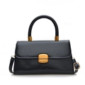 Bolso de mano retro de cuero encerado negro con hebilla dorada y bandolera - Negro