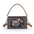 Ethno-Box-Tasche mit Elefanten-Stickerei, bunten Perlen und braunem Lederriemen - Khaki