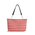 Bolso tote de punto a rayas con asas de cuero negro y cadena de metal dorado - Rojo