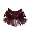 Punk style burgundy faux suede crossbody bag with gold studs, cross, and long fringes - Burgundy