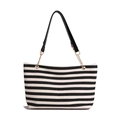 Bolso tote grande a rayas con correas de cuero negro y cadenas de metal dorado de moda - Negro