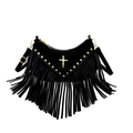 Black faux suede crossbody bag with gold rivets and bohemian fringe accents - Black