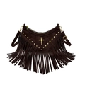Dark brown suede crossbody bag with vintage rivets, long fringe and gold cross detail - Brown