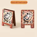 Vintage wooden desktop photo holder featuring a cute black and white cat illustration - Sleeping Cover Head