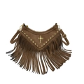 Brown faux suede crossbody bag with metal studs, cross charm and long tassel fringe - Khaki